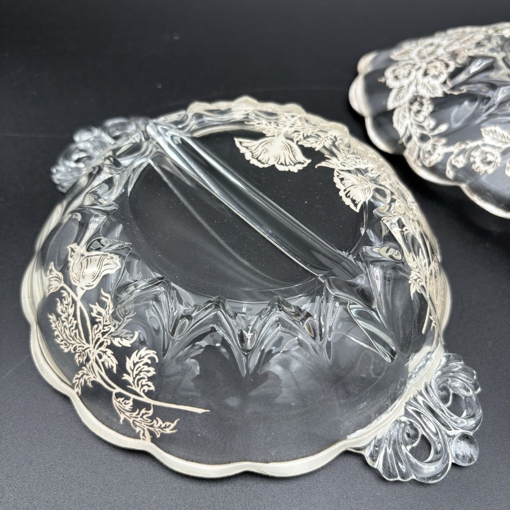 Set Silver City Glass Flanders Poppy Divided Relish & 11" Oval Dish Silver Leaf - Picture 6 of 14